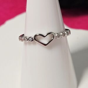 Sterling Silver Open Heart Outline Ring – Pavé CZ Dainty Love Valentine Gift